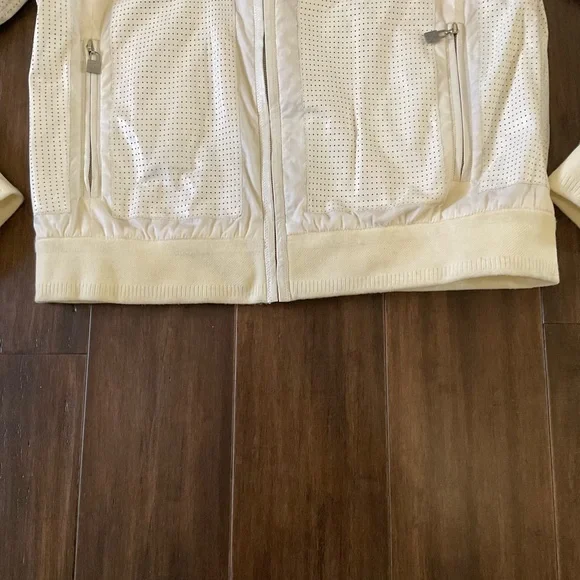 Chanel White Size 8-10 Perforated Leather Bomber Jacket Branded Back Stripe